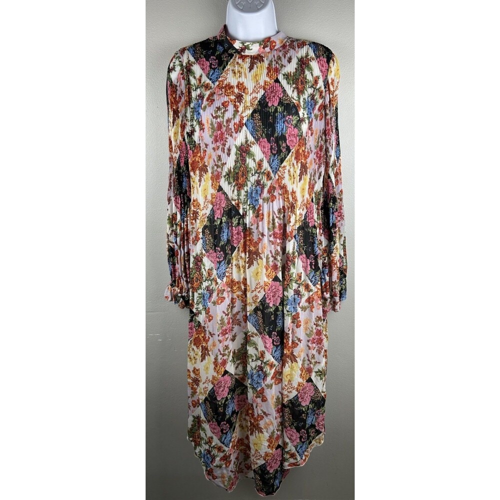 Anthropologie Maeve Shara Pleated Midi Dress Floral patchwork Long Sleeve XS